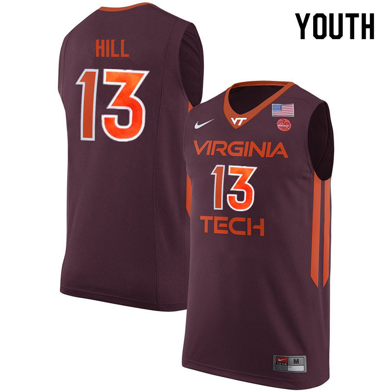 Youth #13 Ahmed Hill Virginia Tech Hokies College Basketball Jerseys Sale-Maroon